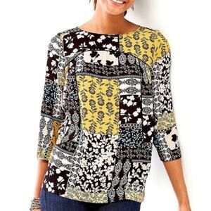 J. Jill Patchwork Flowy Top Sz M Lightweight Rayon Old Money Quiet‎ Cozy Luxury